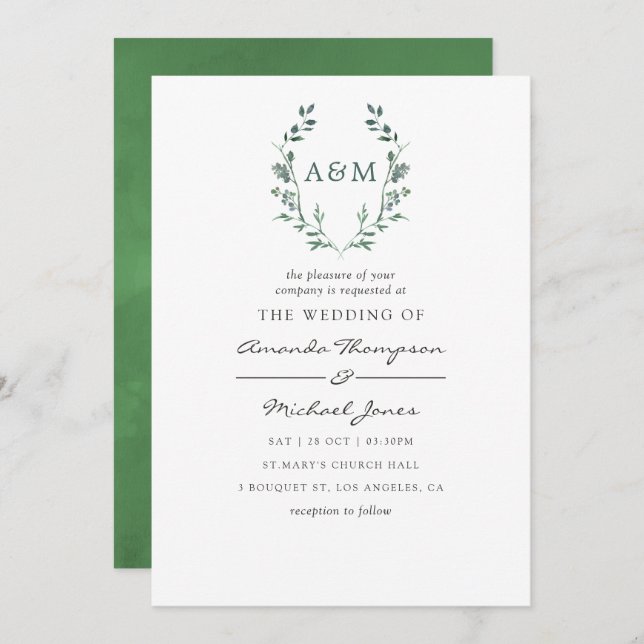 Watercolor Greenery Laurel Crest Monogram Wedding Invitation (Front/Back)