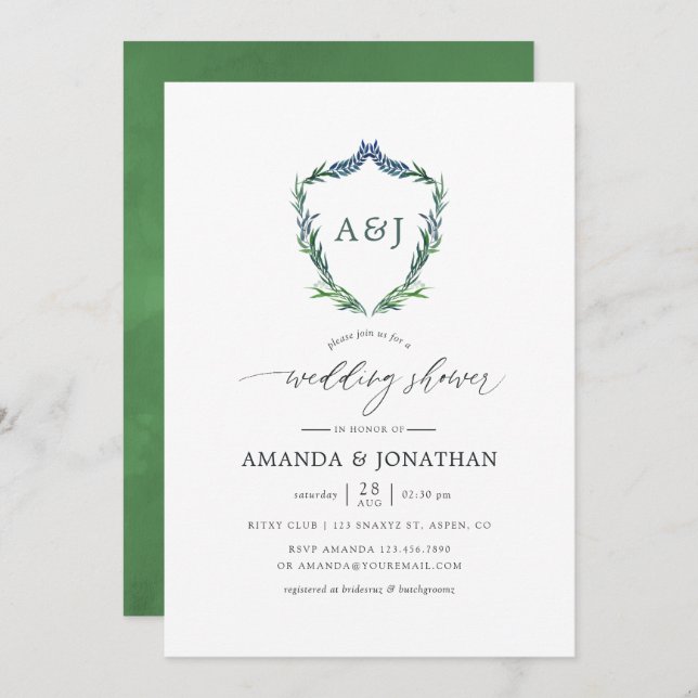 Watercolor Greenery Laurel Crest Wedding Shower Invitation (Front/Back)