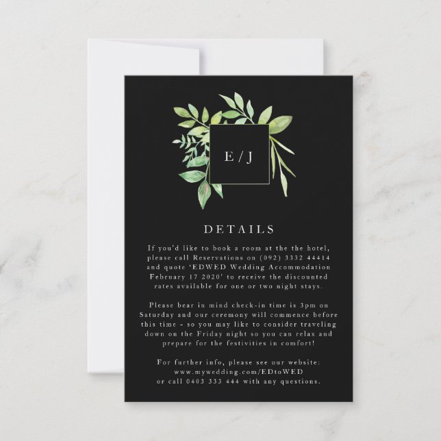 Watercolor Greenery Leaf Wreath Black enclosure RSVP Card (Front)