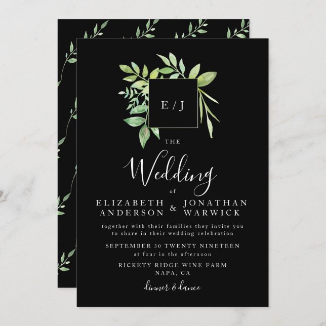 Watercolor Greenery Leaf Wreath Wedding Invitation (Front/Back)