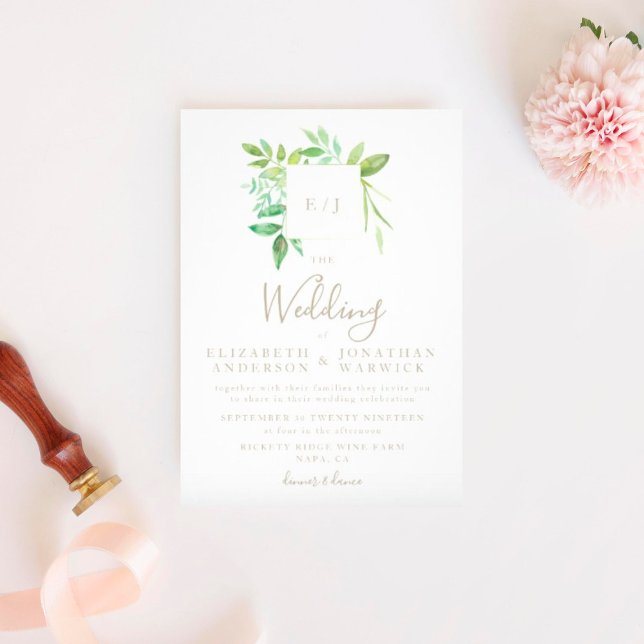 Watercolor Greenery Leaf Wreath Wedding Invitation (Creator Uploaded)