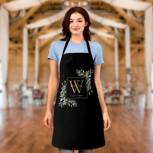 Watercolor Greenery Leaves Black Gold Monogram Apron