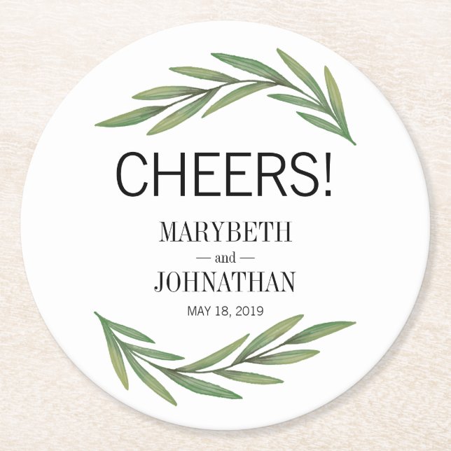 Watercolor Greenery Leaves Wedding Coaster (Front)