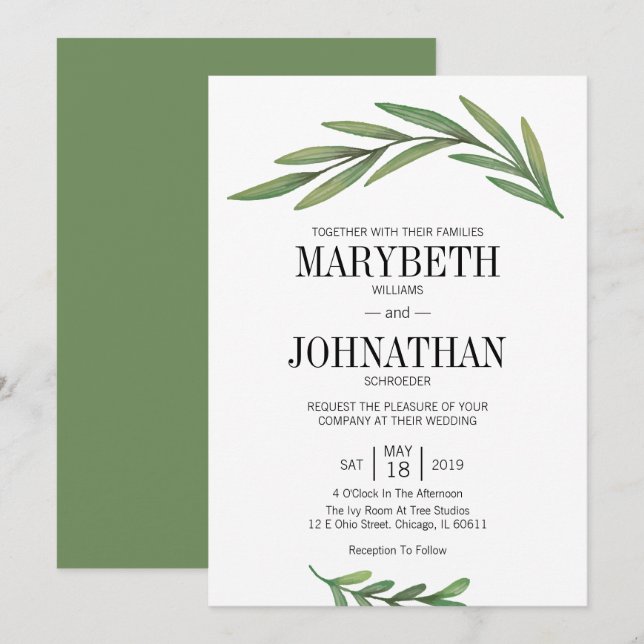 Watercolor Greenery Leaves Wedding Invitation Card (Front/Back)