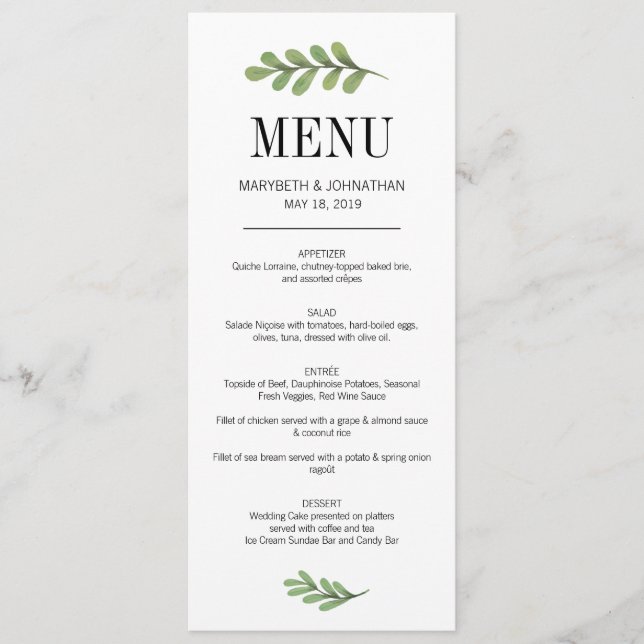 Watercolor Greenery Leaves Wedding Menu Card (Front)