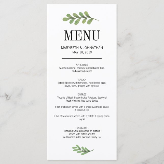 Watercolor Greenery Leaves Wedding Menu Card (Front)