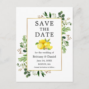 Watercolor Greenery Lemons Save The Date Postcard