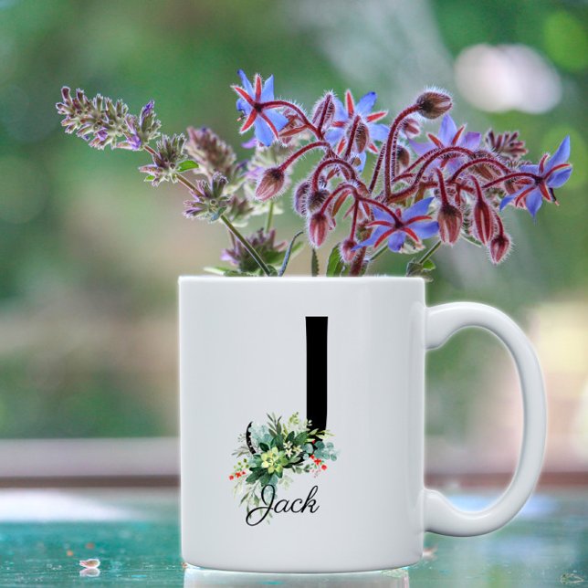 Watercolor greenery letter monogram coffee mug (Creator Uploaded)