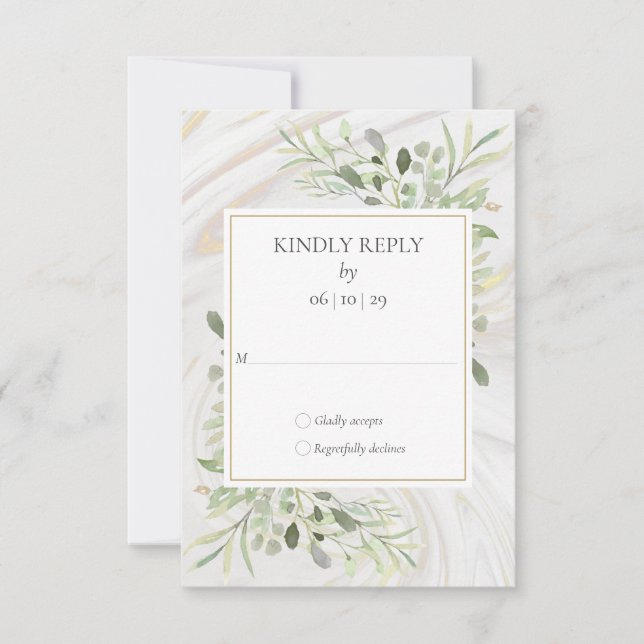 Watercolor Greenery  Marble Swirl Wedding RSVP (Front)