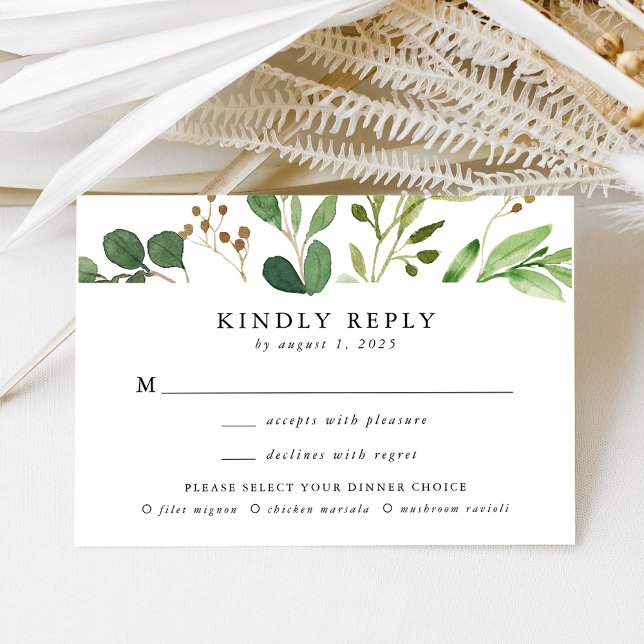 Watercolor Greenery Meal Choice Wedding RSVP Card (Creator Uploaded)