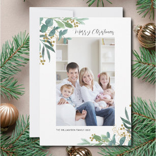 Watercolor Greenery Merry Christmas Photo  Holiday Card