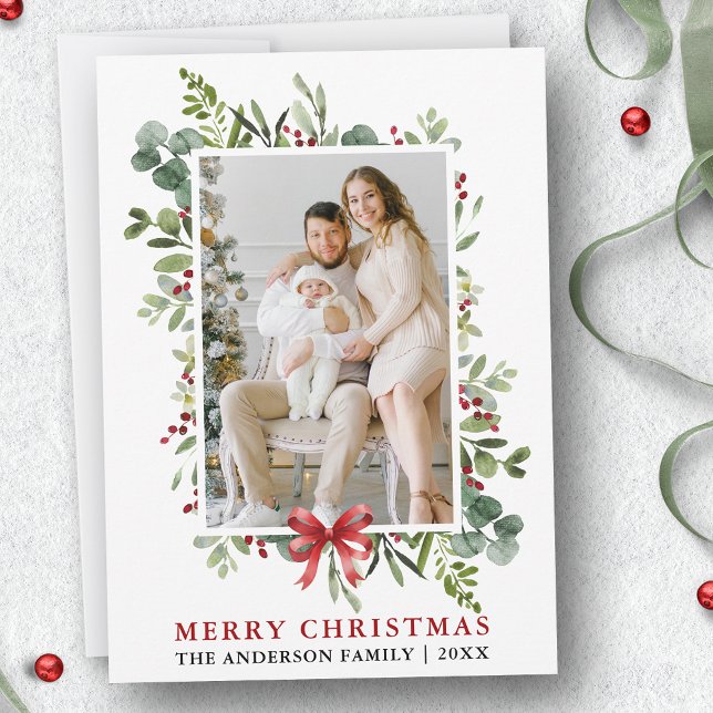 Watercolor Greenery Merry Christmas Red Bow Holiday Card (Customize to add text to back of card.)