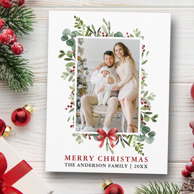 Watercolor Greenery Merry Christmas Red Bow Postcard (Customize to change text size or text style.)