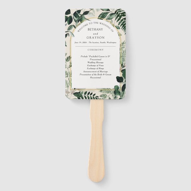 Watercolor Greenery Modern arched Wedding Hand Fan (Front)