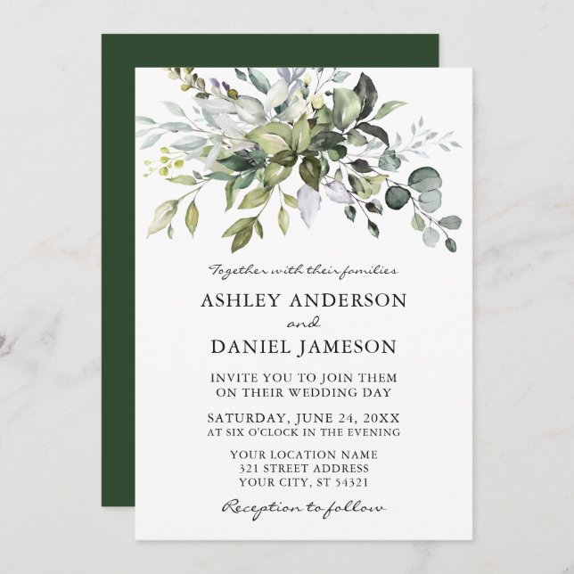Watercolor Greenery Modern Elegance Wedding Invitation (Front/Back)