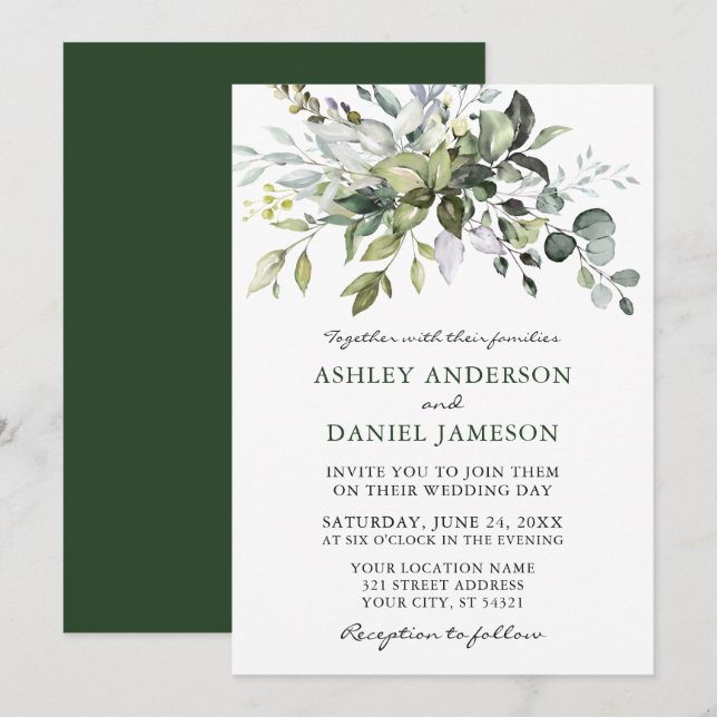 Watercolor Greenery Modern Elegant Wedding Invitation (Front/Back)
