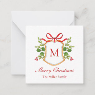 Watercolor Greenery Monogram crest Christmas Card