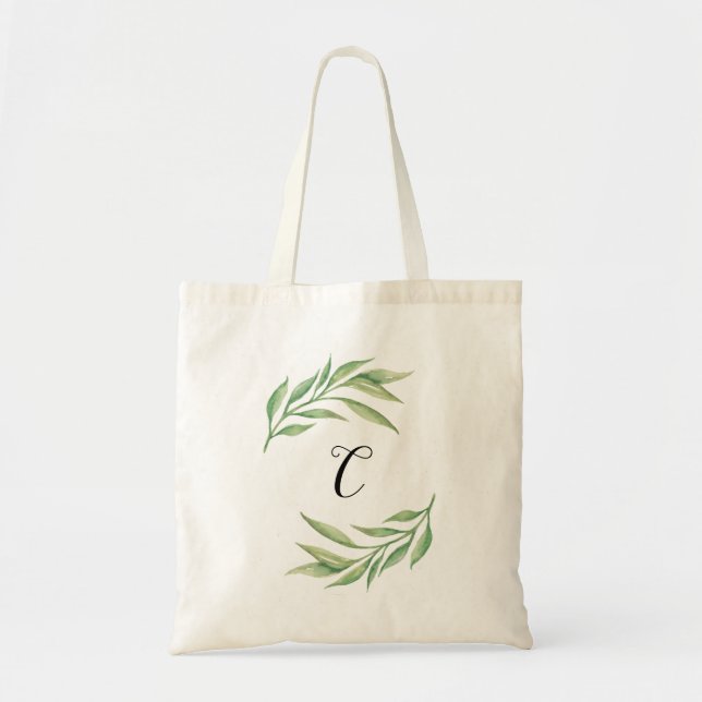Watercolor Greenery Monogram Personlized Tote Bag (Front)