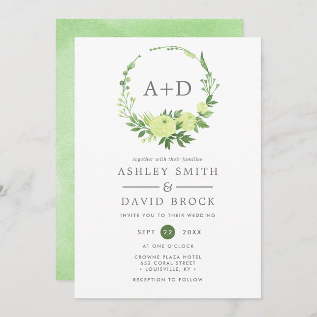 Watercolor Greenery Monogram Wreath Wedding Invitation (Front/Back)