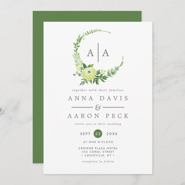 Watercolor Greenery Monogram Wreath Wedding Invitation (Front/Back)