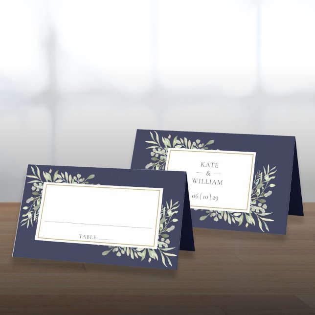 Watercolor Greenery Navy Blue Wedding Place Card (Watercolor Greenery Navy Blue Wedding Place Card)