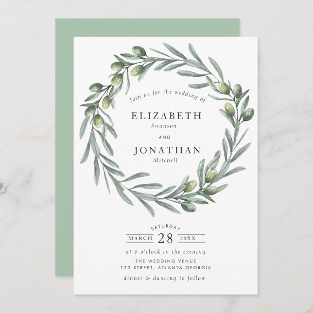 Watercolor greenery olive wreath wedding invitation (Front/Back)