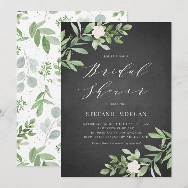 Watercolor Greenery on Chalkboard Bridal Shower Invitation (Front/Back)