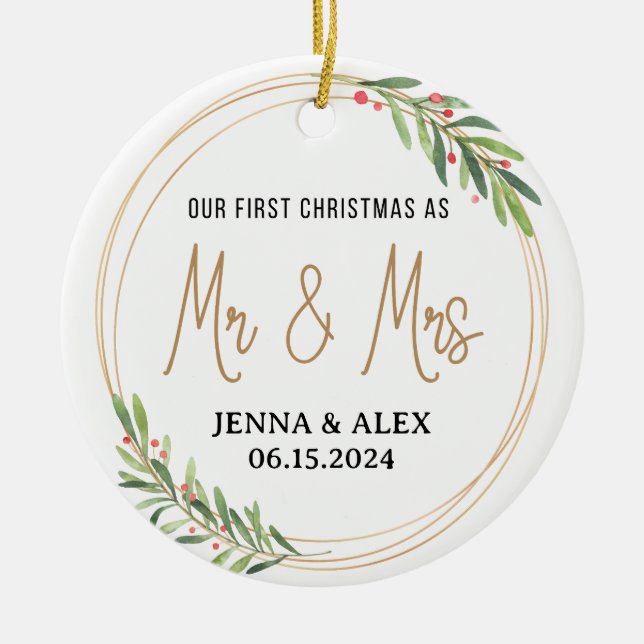 Watercolor Greenery Our First Christmas Ceramic Ornament (Front)