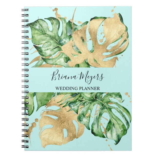 Watercolor Greenery Palm Leaves Gold Teal Business Notebook (Front)