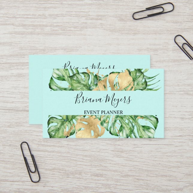 Watercolor Greenery Palm Leaves Gold Tropic Teal Business Card (Front/Back In Situ)