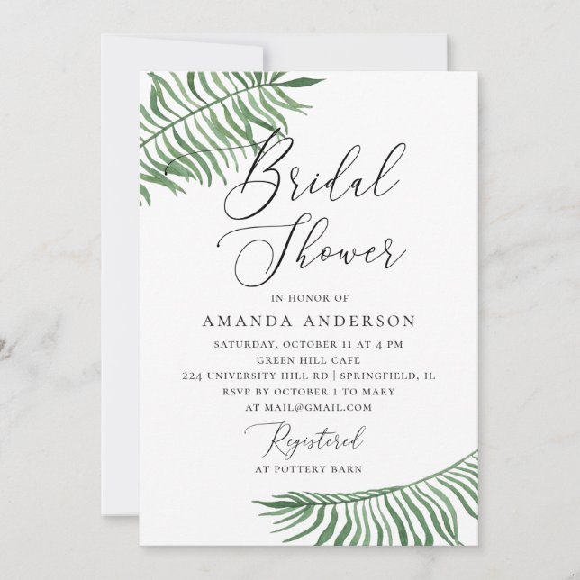 Watercolor greenery palm. Tropical bridal shower Invitation (Front)