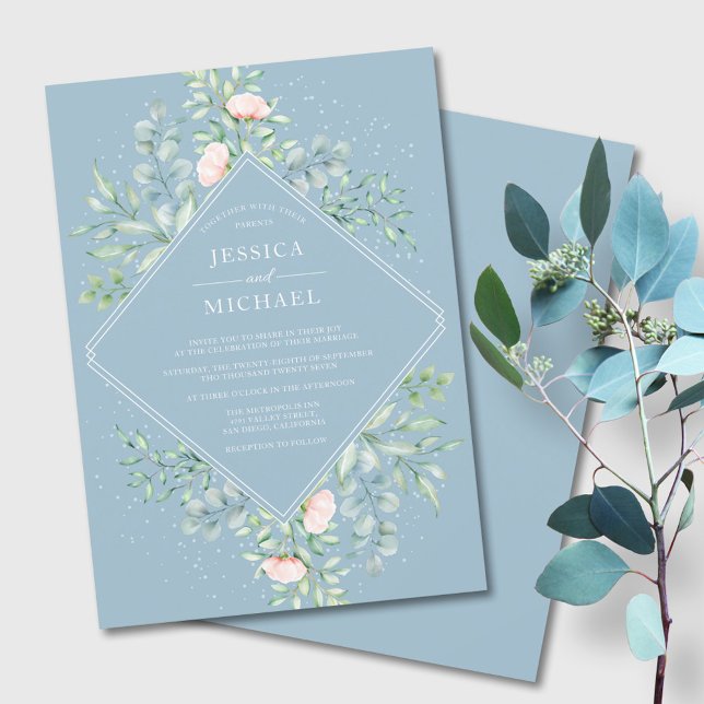 Watercolor Greenery Peach Roses Dusty Blue Wedding Invitation (Creator Uploaded)