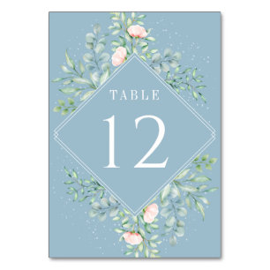 Watercolor Greenery Peach Roses Dusty Blue Wedding Table Number