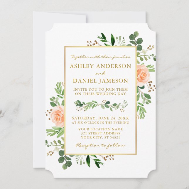 Watercolor Greenery Peach Roses Gold Wedding Invitation (Front)