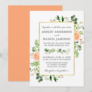 Watercolor Greenery Peach Roses Wedding Invitation