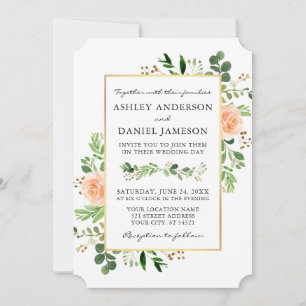 Watercolor Greenery Peach Roses Wedding Invitation