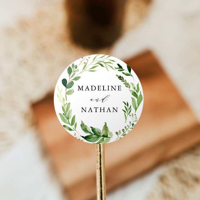 Watercolor Greenery Personalised Wedding Classic Round Sticker (Creator Uploaded)