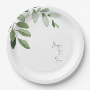 Watercolor Greenery Personalised White Wedding  Paper Plate