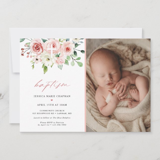 Watercolor Greenery Photo Baptism Invitation (Front)