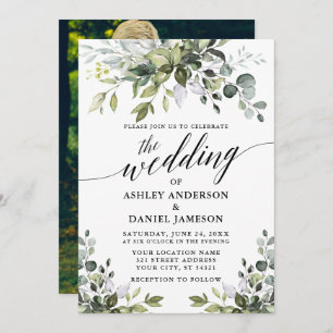 Watercolor Greenery Photo Calligraphy Wedding Invitation
