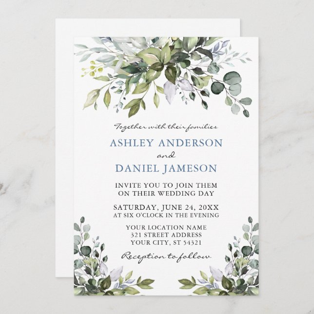 Watercolor Greenery Photo Dusty Blue Wedding Invitation (Front/Back)