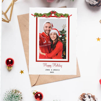 Watercolor Greenery Photo Frame Holiday Card