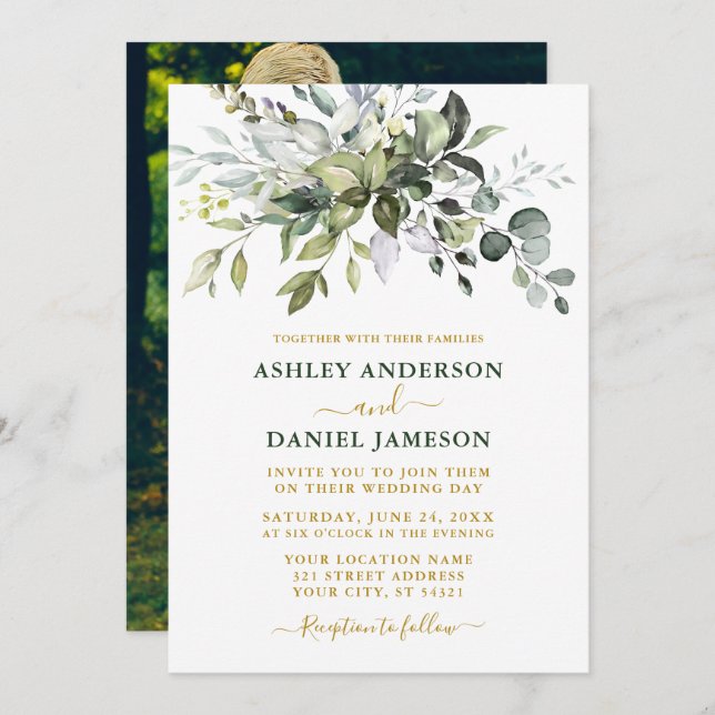 Watercolor Greenery Photo Gold Green Wedding Invitation (Front/Back)