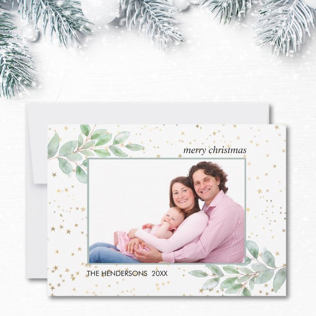 Watercolor Greenery Photo Gold Stars Christmas Holiday Card (Creator Uploaded)