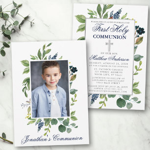 Watercolor Greenery Photo Holy Communion Blue Invitation