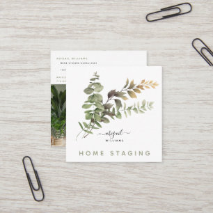 Watercolor Greenery Photo Home Staging Square Business Card