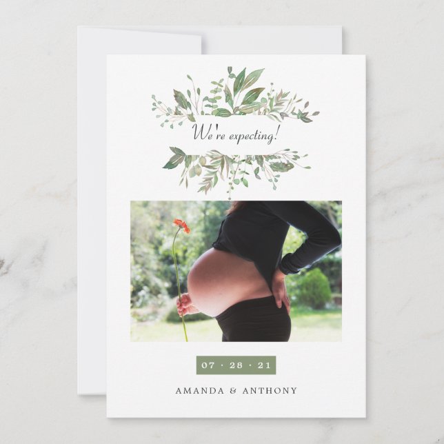 Watercolor Greenery Photo Pregnancy Announcement (Front)