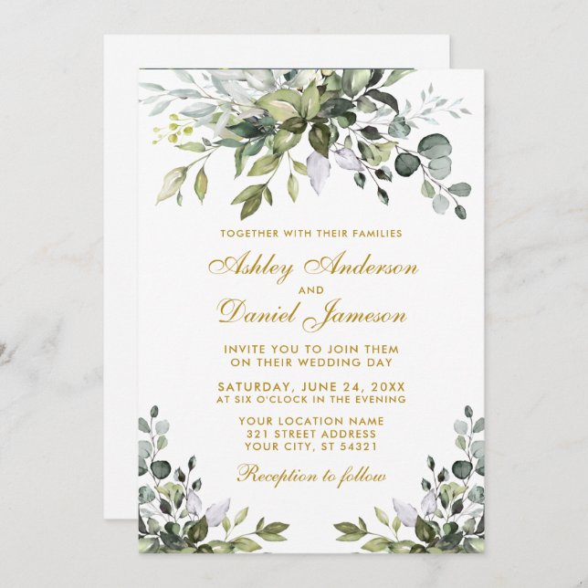 Watercolor Greenery Photo Wedding Gold Invitation (Front/Back)