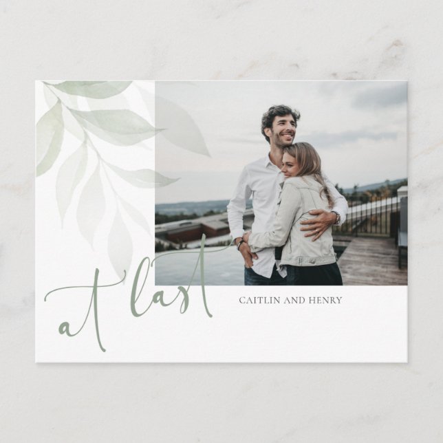 Watercolor Greenery Photo Wedding Save the Date Postcard (Front)