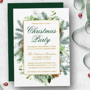 Watercolor Greenery Pine Christmas Party Gold Invitation